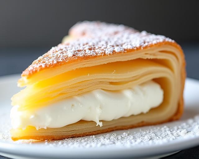 Fetta di torta millefoglie con strati di crema chantilly.