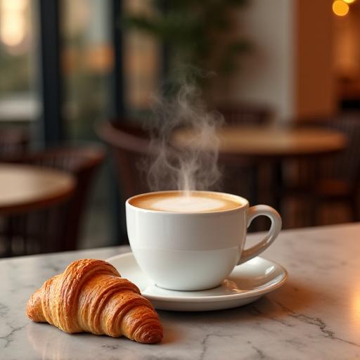 Tazzina di cappuccino e un cornetto sul bancone della nostra caffetteria.